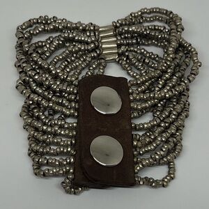 Guang Tong Metallic Pewter Colored Leather‎ Seed-bead Bracelet Sz 6.5
